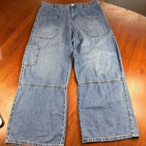 Vintage Y2K Celebrity Pink Wide Leg Cargo Denim Medium Wash XL Retro Hippie Prep